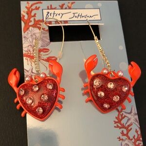 Betsey Johnson Gold Tone & Red Heart Crab Heart Drop Earrings Crystal NWT